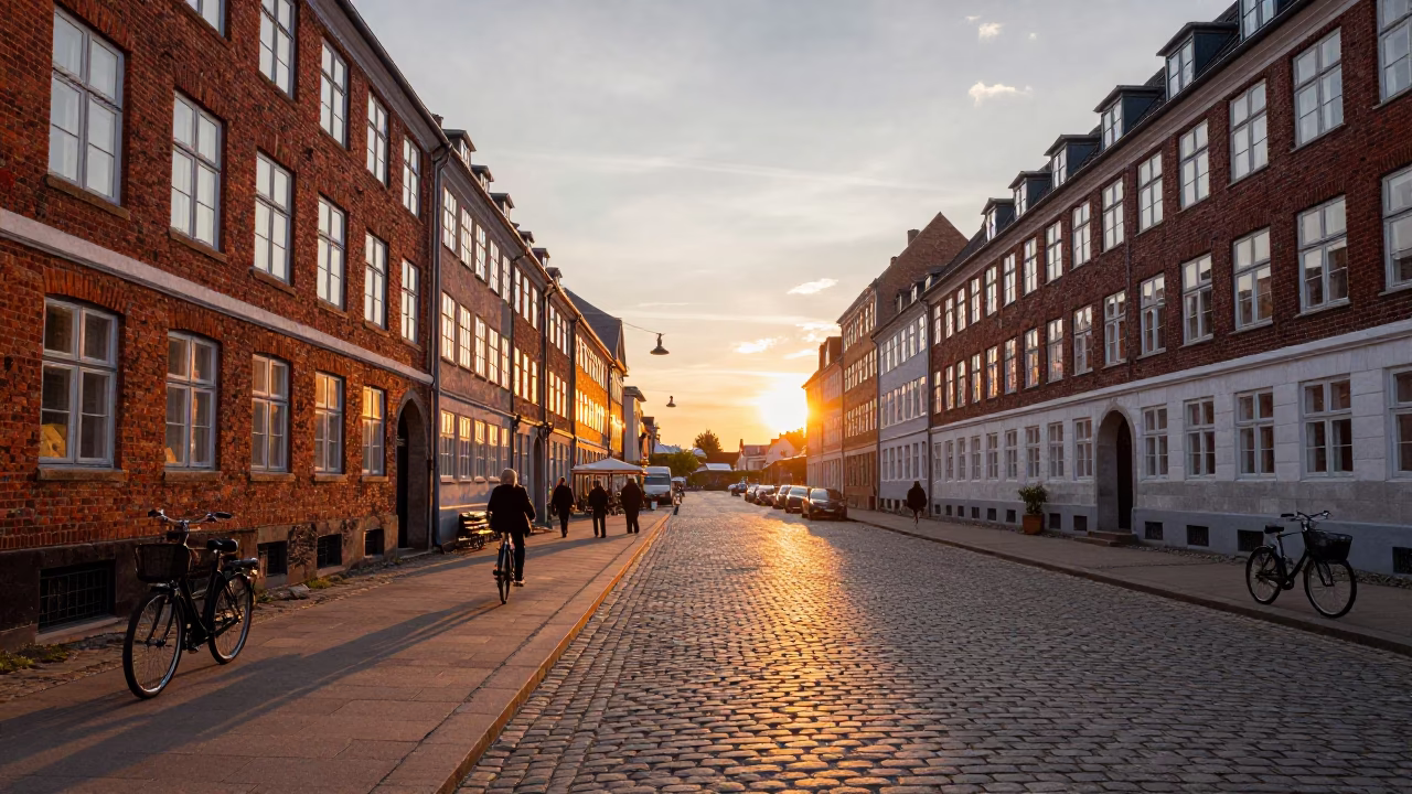 Copenhagen Denmark street scene with bicycle and historic architecture at sunset in in Copenhagen, Denmark