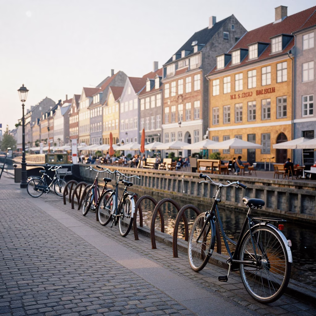 Copenhagen Denmark street scene with bicycle racks and morning light in in Copenhagen, Denmark