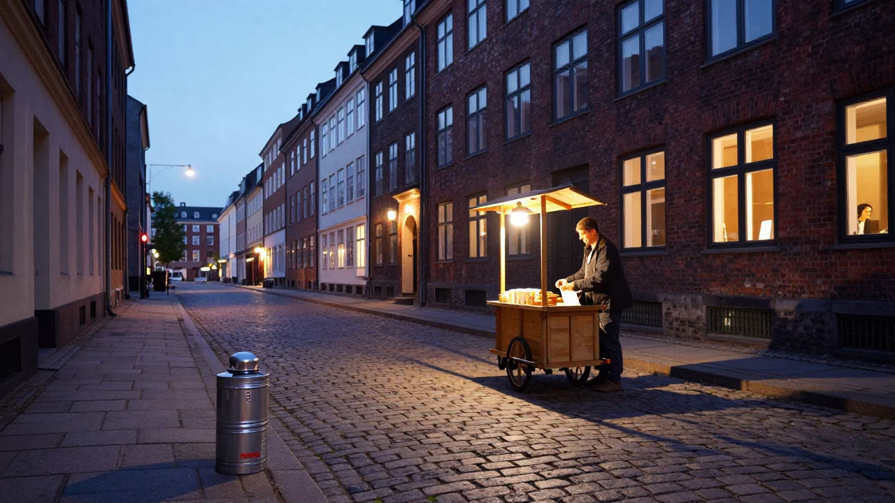 Copenhagen Denmark Street Scene with Coffee Tin and Papyrus at Dusk in in Copenhagen, Denmark