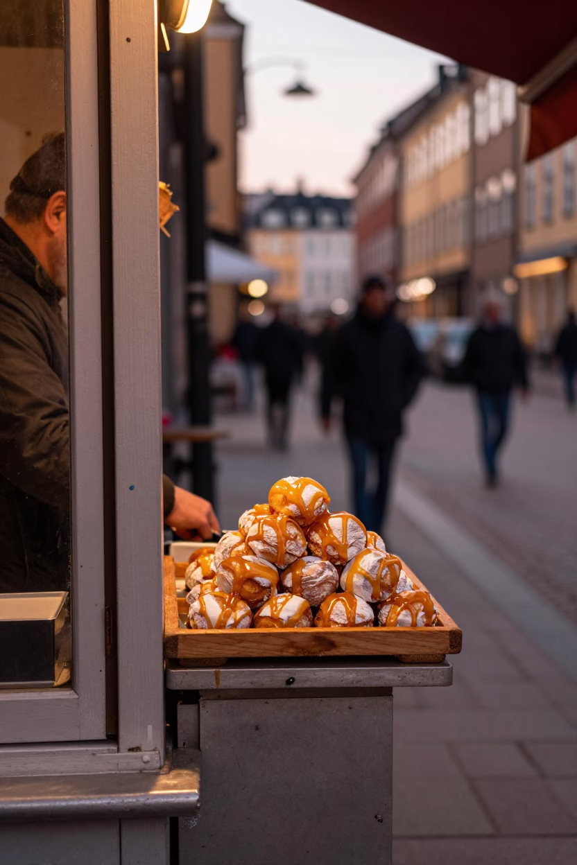 Copenhagen Denmark Street Scene with Honey Drizzled Loukoumades Before Dusk in in Copenhagen, Denmark