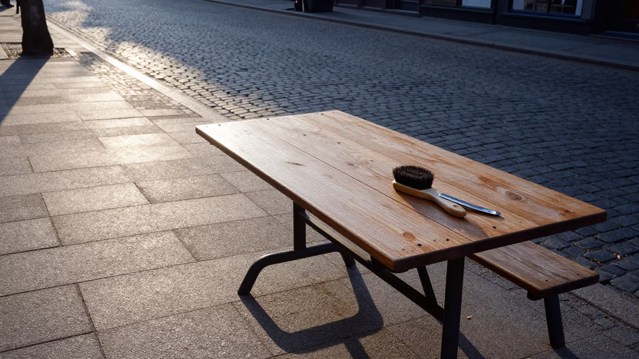 Copenhagen Denmark Sunrise Street Scene with Straight Razor and Brush on Wooden Table in in Copenhagen, Denmark
