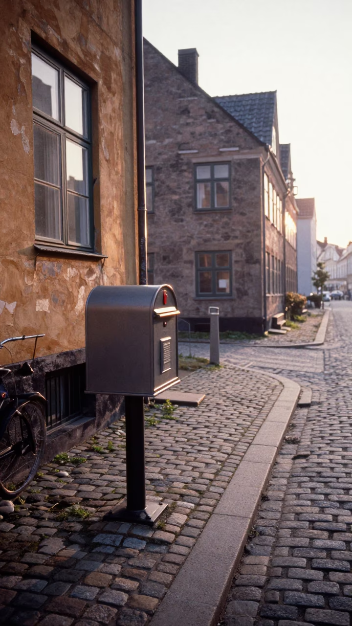 Copenhagen Denmark Sunrise Street Scene with Vintage Mailbox and Window Reflections in in Copenhagen, Denmark