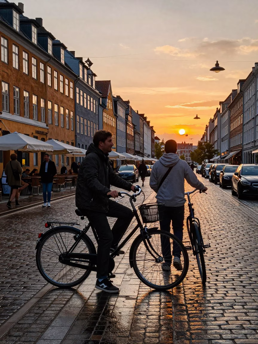 Copenhagen Denmark Sunset Street Scene with Bicycle and Local Interaction in in Copenhagen, Denmark
