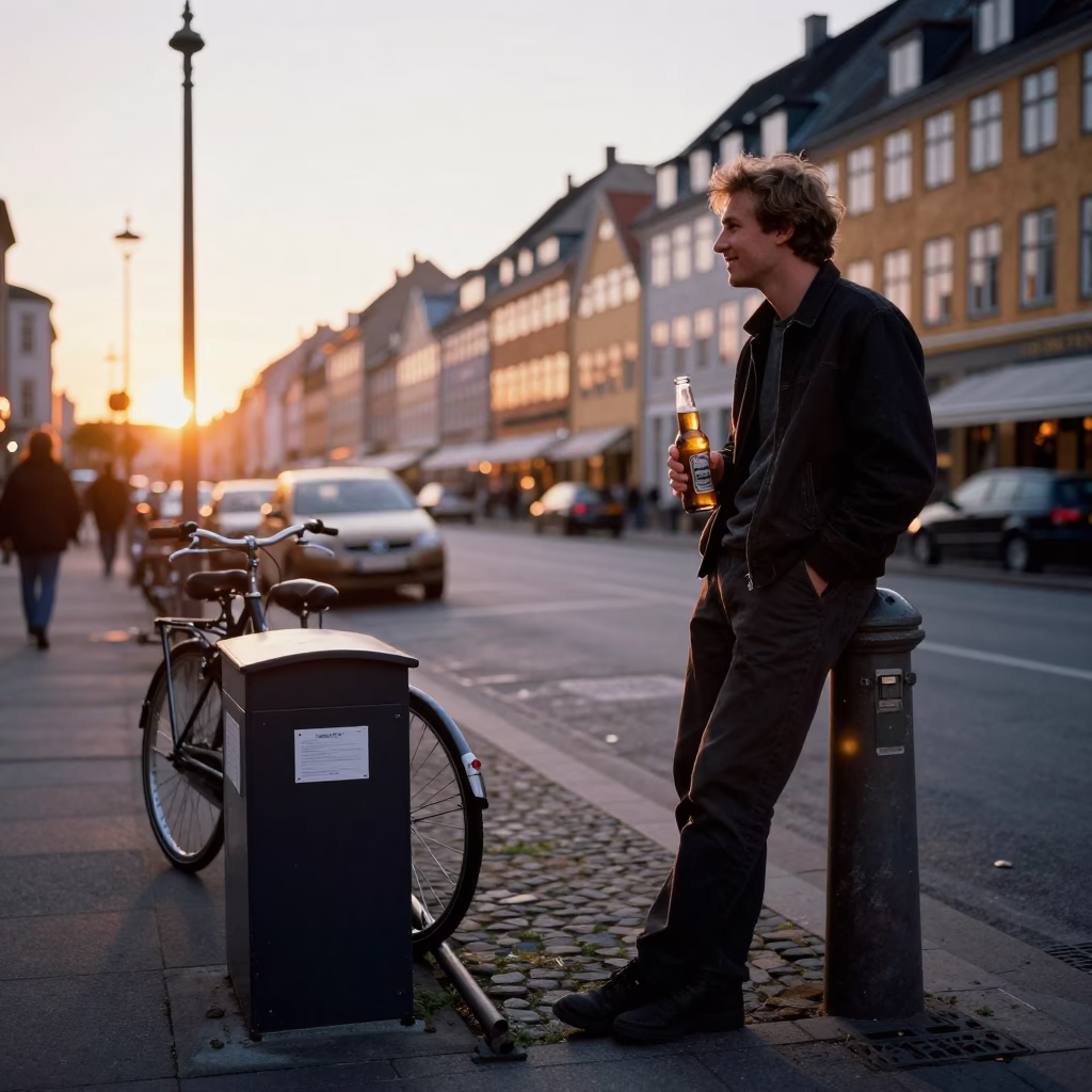 Copenhagen Denmark Sunset Street Scene with Bottle and File Box in in Copenhagen, Denmark