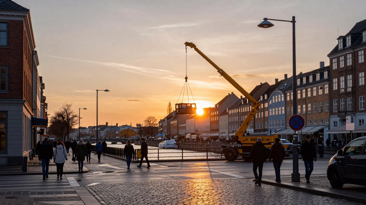 Copenhagen Denmark Sunset Street Scene with Bridge Maintenance Cradle and Cherry Blossoms in in Copenhagen, Denmark