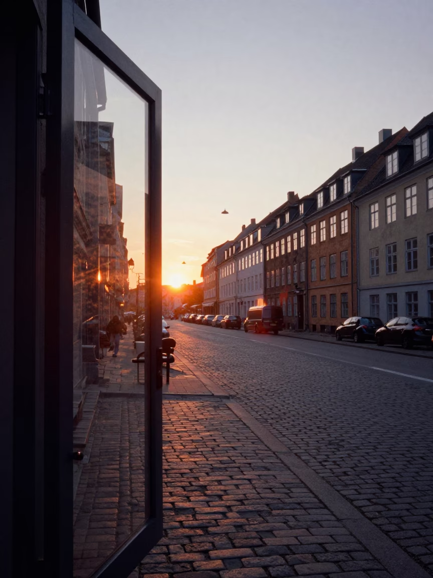 Copenhagen Denmark Sunset Street Scene with Clear Glass Doorframe and Brass Escutcheon Detail in in Copenhagen, Denmark