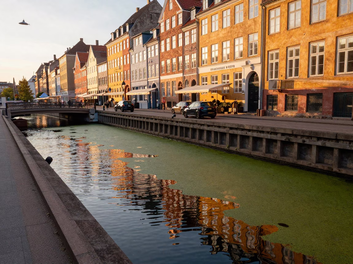 Copenhagen Denmark Sunset Street Scene with Duckweed Pond and Urban Life in in Copenhagen, Denmark