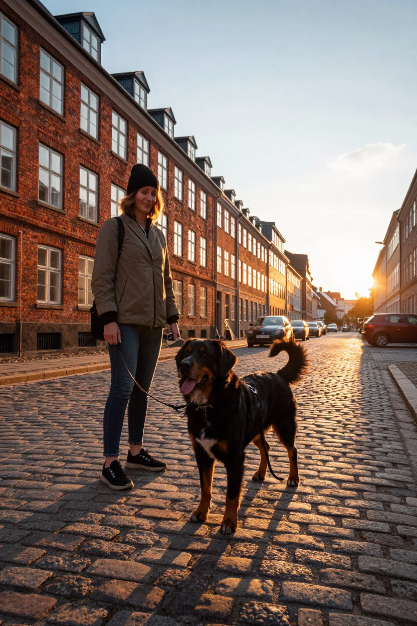 Copenhagen Denmark Sunset Street Scene with Greater Swiss Mountain Dog and Ladder-Back Chair in in Copenhagen, Denmark
