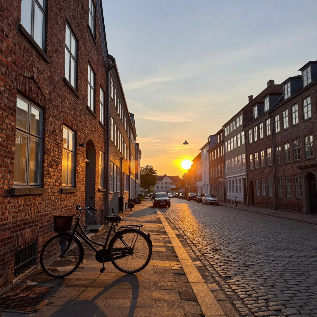 Copenhagen Denmark Sunset Street Scene with Vintage Bicycle and Brick Architecture in in Copenhagen, Denmark