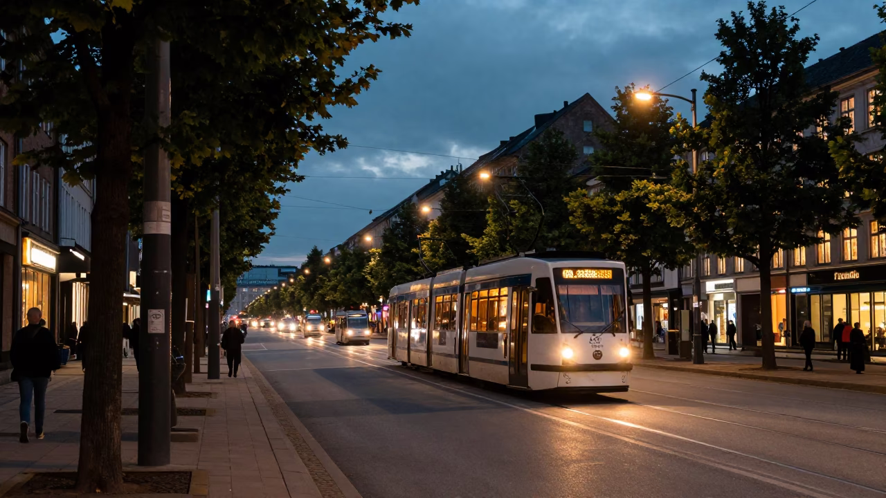 Copenhagen Denmark Tramcar on Tree-Lined Boulevard at Dusk with Urban Evening Activity in in Copenhagen, Denmark