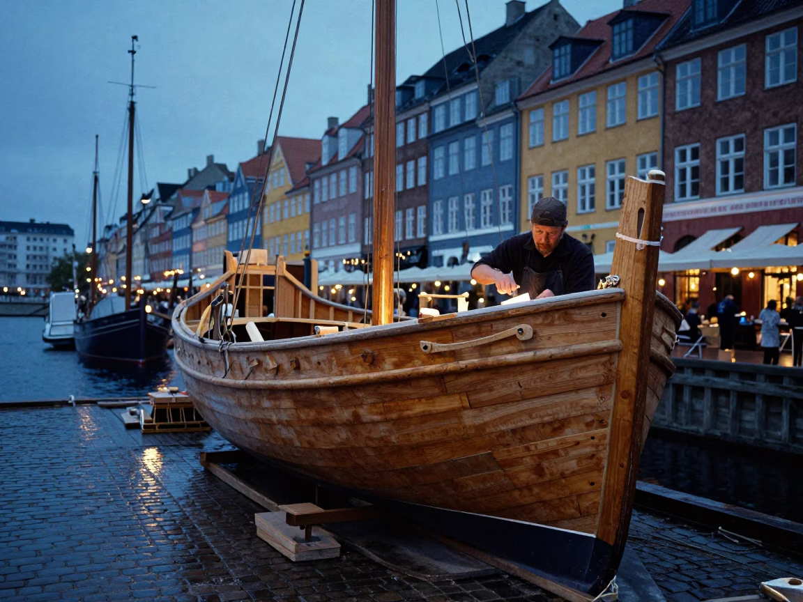 Copenhagen Denmark Twilight Street Scene with Wooden Boat Hull Construction in in Copenhagen, Denmark