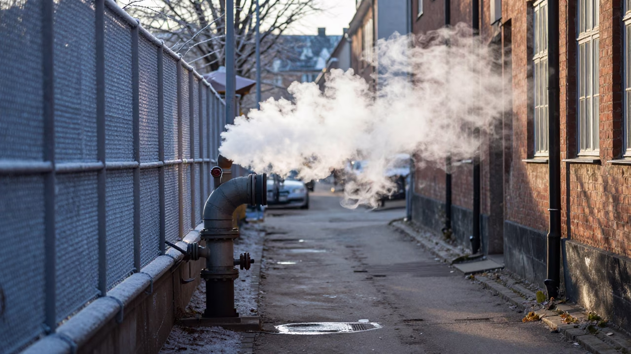 Copenhagen District Heating Pipe Steaming Behind Frost Fencing in Early Morning Light in in Copenhagen, Denmark