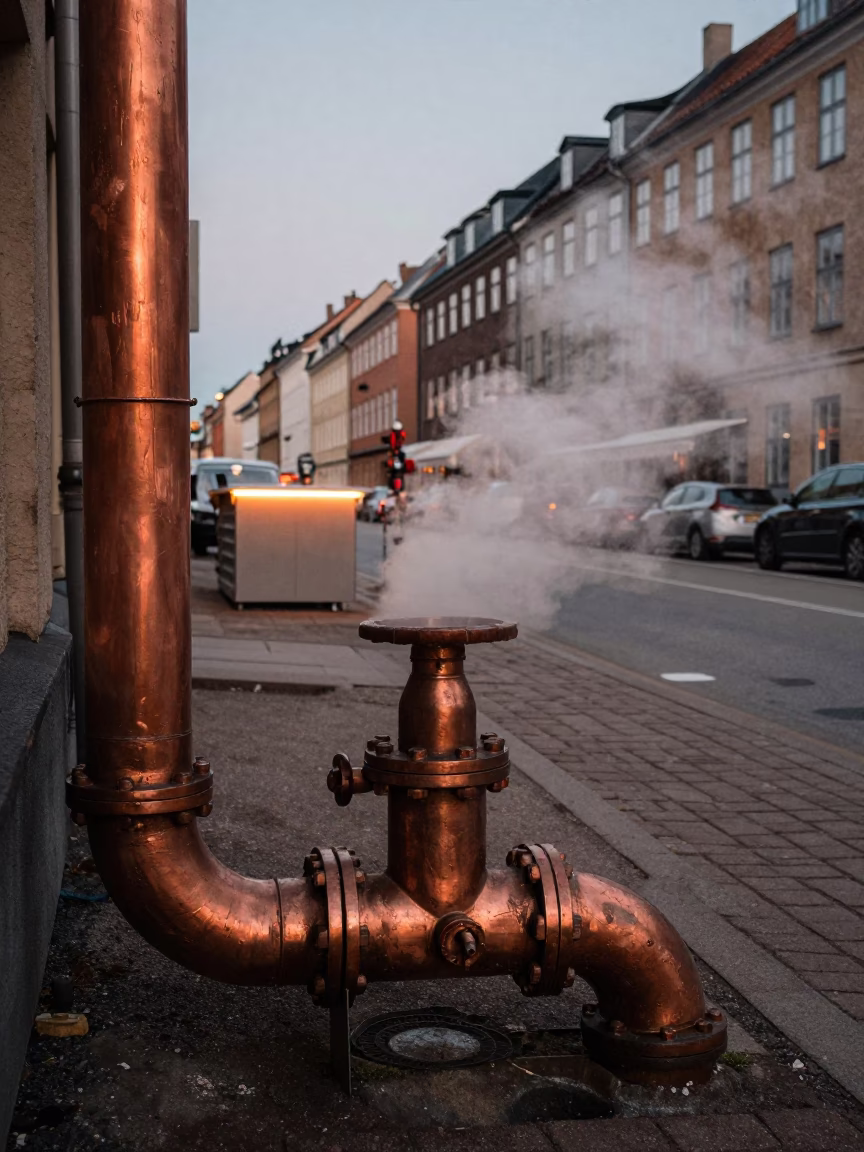 Copenhagen District Heating Pipe Steaming in Copper Dusk Light Behind Frost Fencing in in Copenhagen, Denmark
