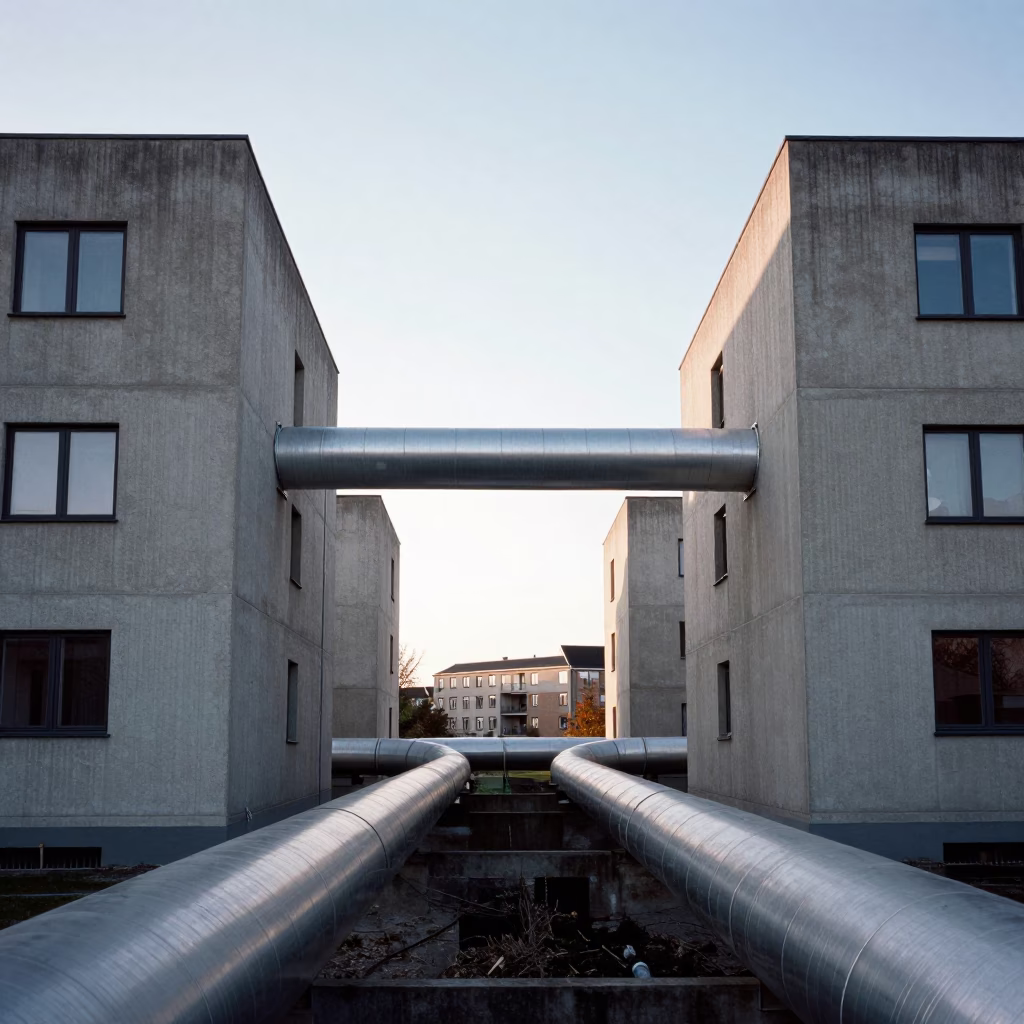 Copenhagen District Heating Pipes Between Concrete Apartment Blocks Late Morning in in Copenhagen, Denmark