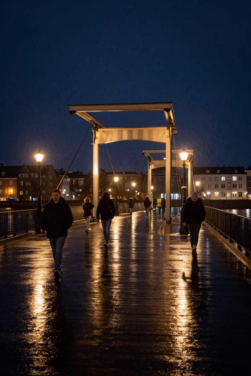 Copenhagen Drawbridge Deck at Night Rain and River Light Reflecting Urban Activity in in Copenhagen, Denmark