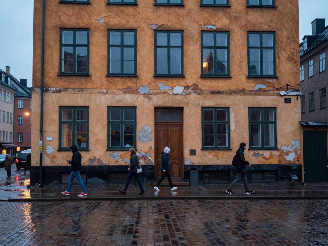Copenhagen Dusk Rain Commuters Walking Past Cracked Stucco Facade in in Copenhagen, Denmark