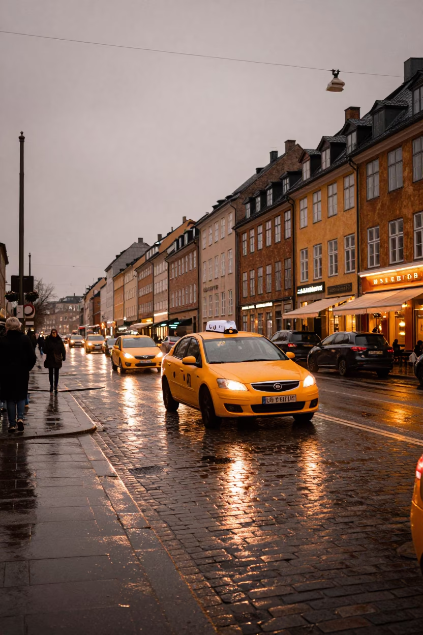 Copenhagen Dusk Street Scene with Yellow Taxi and Wet Cobblestones in in Copenhagen, Denmark