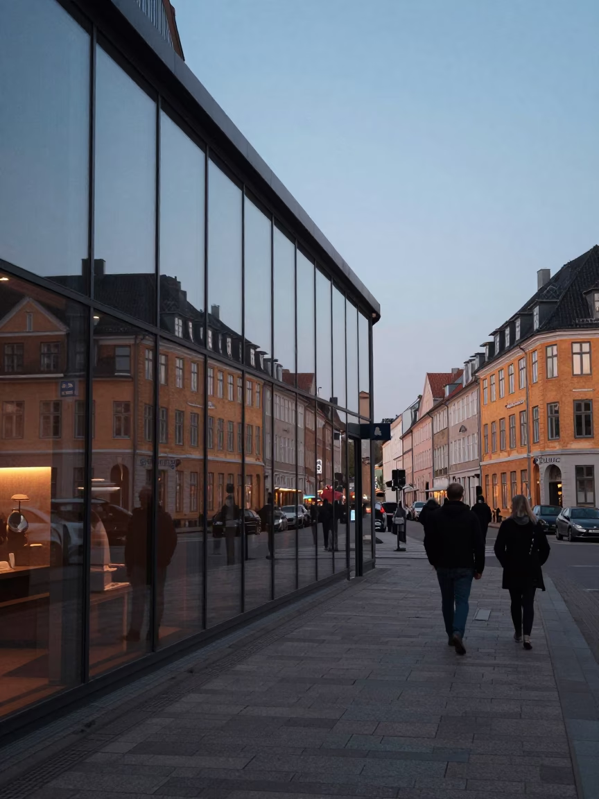 Copenhagen early evening street scene with clear glass wall and Siamese cat in in Copenhagen, Denmark