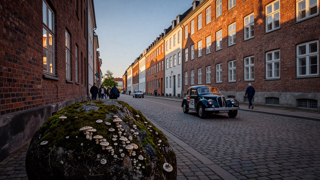 Copenhagen Early Evening Street Scene with Vintage Car Rally and Mossy Boulder in in Copenhagen, Denmark