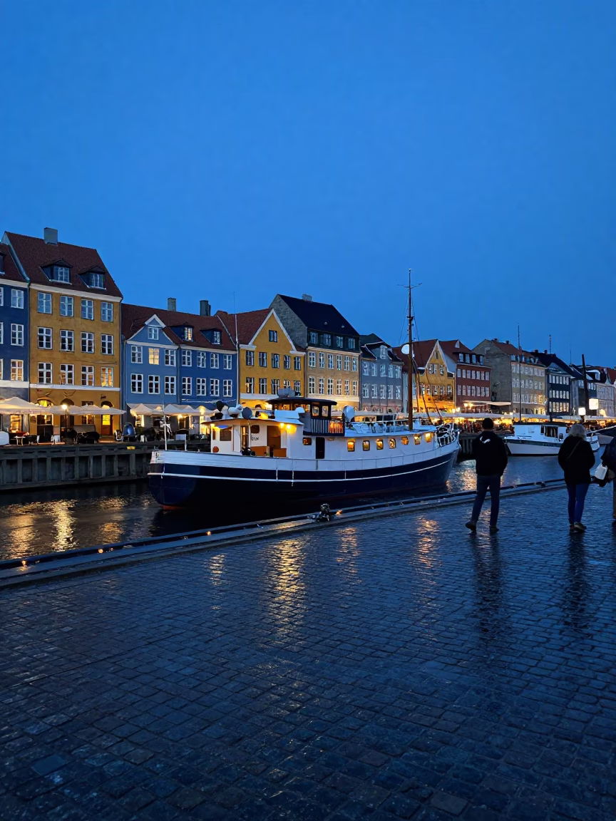 Copenhagen Evening Blue Hour Mail Boat Island Arrival Danish Street Scene in in Copenhagen, Denmark