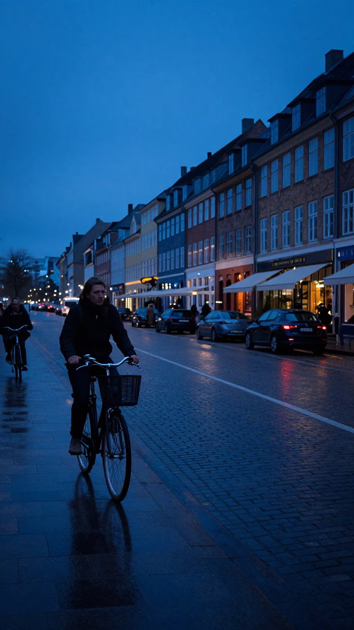Copenhagen Evening Blue Hour Street Scene with Bicycle and Wicker Basket Shadow in in Copenhagen, Denmark