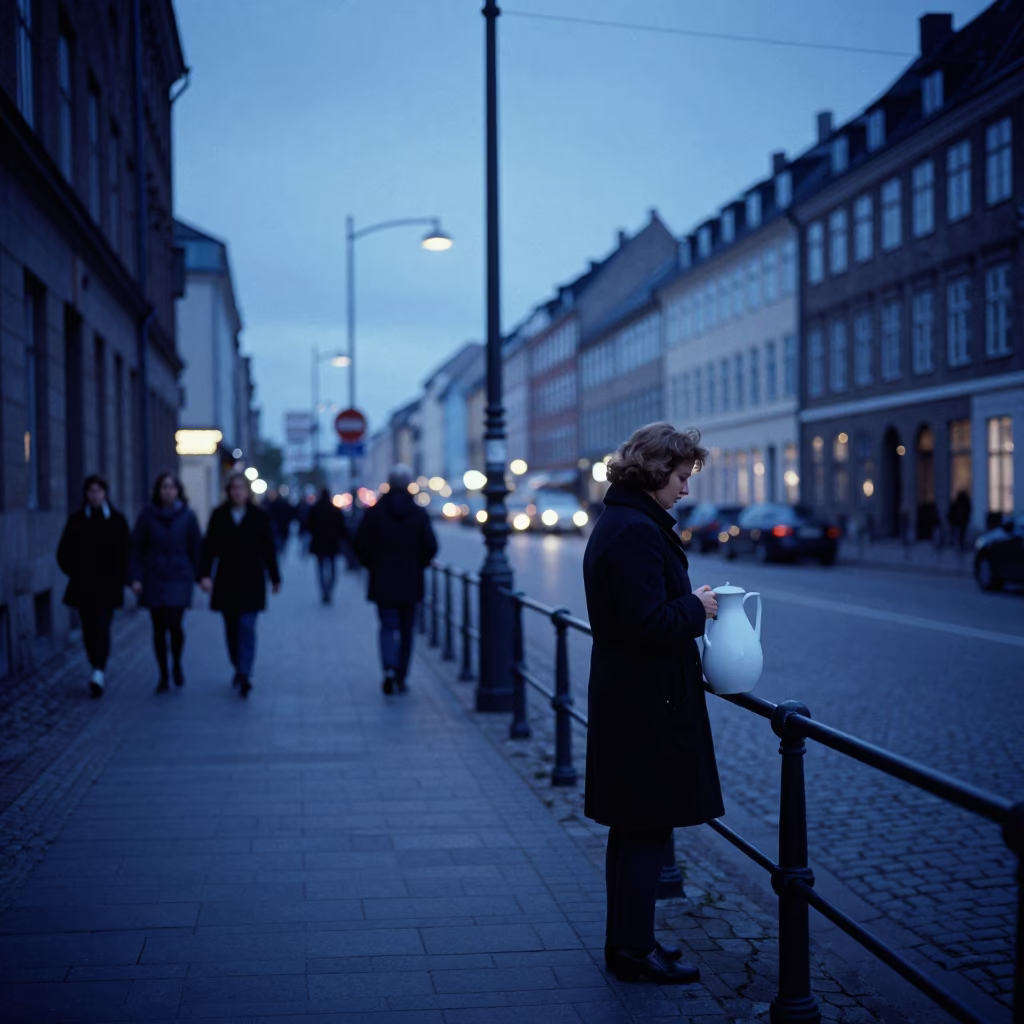 Copenhagen Evening Blue Hour Street Scene with Cooler Jug and Urban Life in in Copenhagen, Denmark
