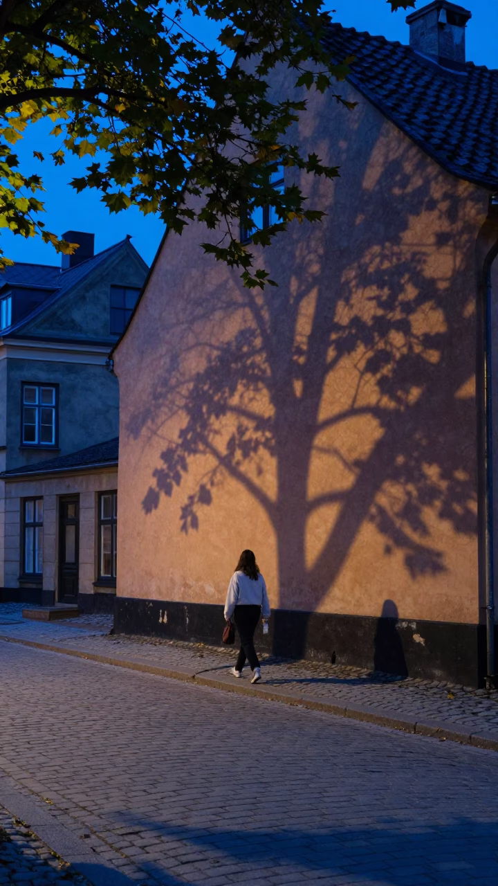 Copenhagen Evening Blue Hour Street Scene with Leaf Shadows and Apples in in Copenhagen, Denmark