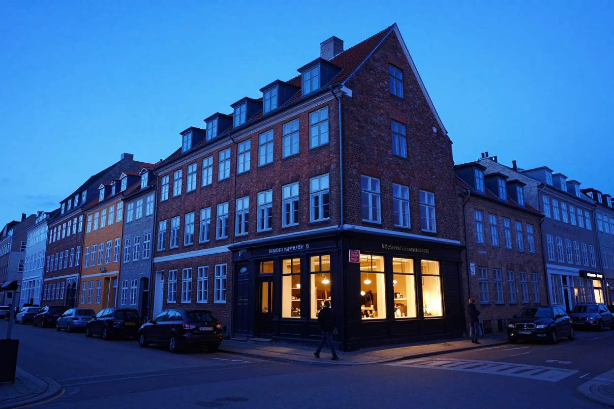 Copenhagen Evening Blue Hour Street Scene with Local Shop and Pedestrians in in Copenhagen, Denmark