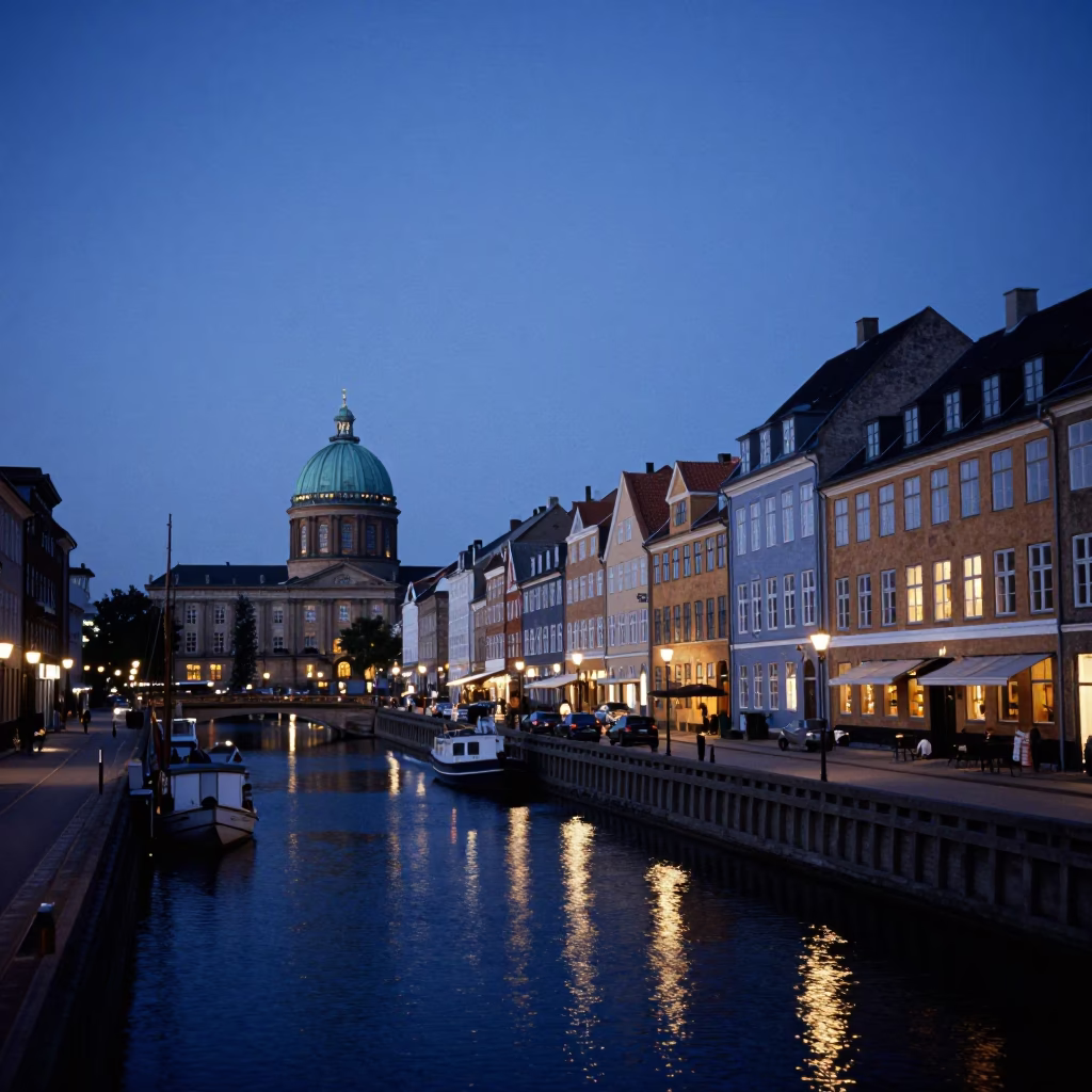 Copenhagen Evening Blue Hour Street Scene with Observatory Dome and Wooden Sailboat in in Copenhagen, Denmark
