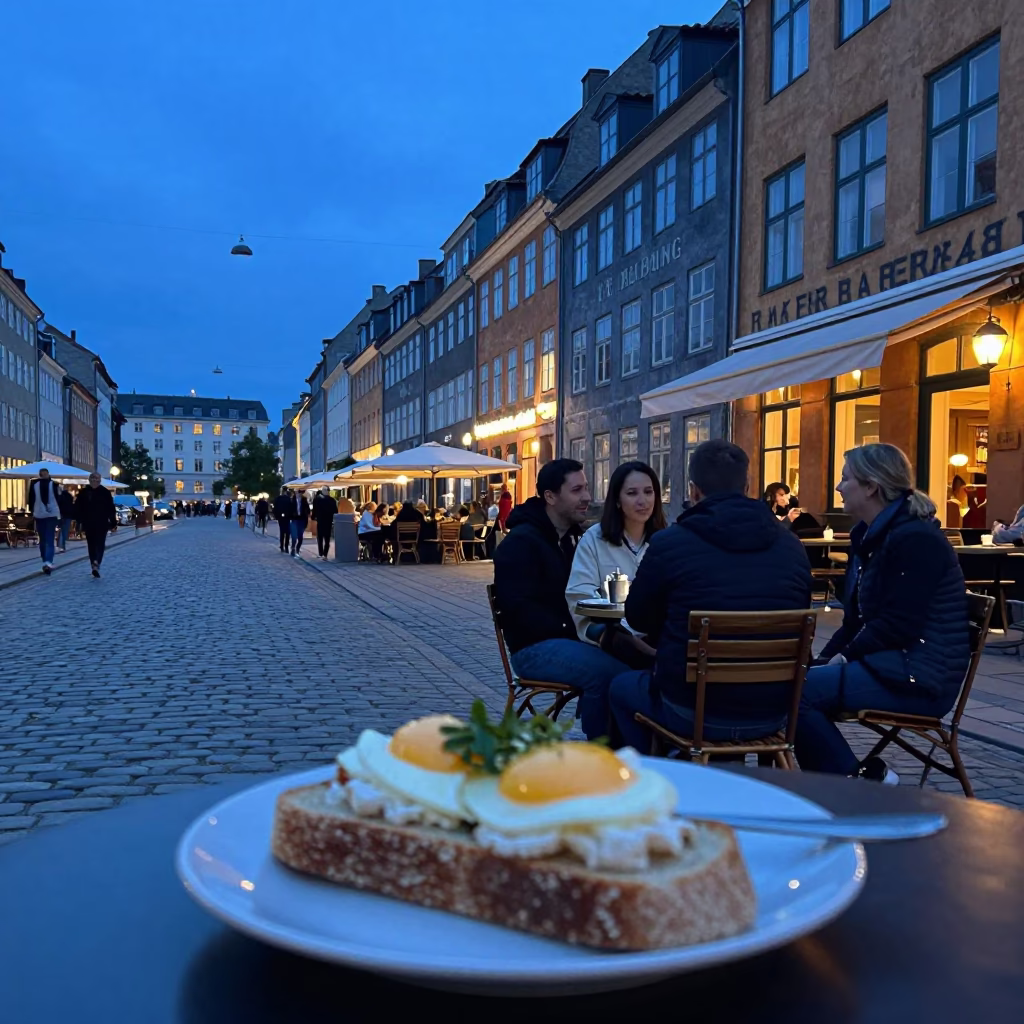 Copenhagen Evening Blue Hour Street Scene with Smørrebrød and Notebook in in Copenhagen, Denmark