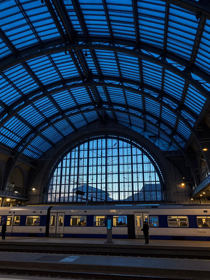 Copenhagen Evening Blue Light Glass Steel Train Station Arched Roof in in Copenhagen, Denmark