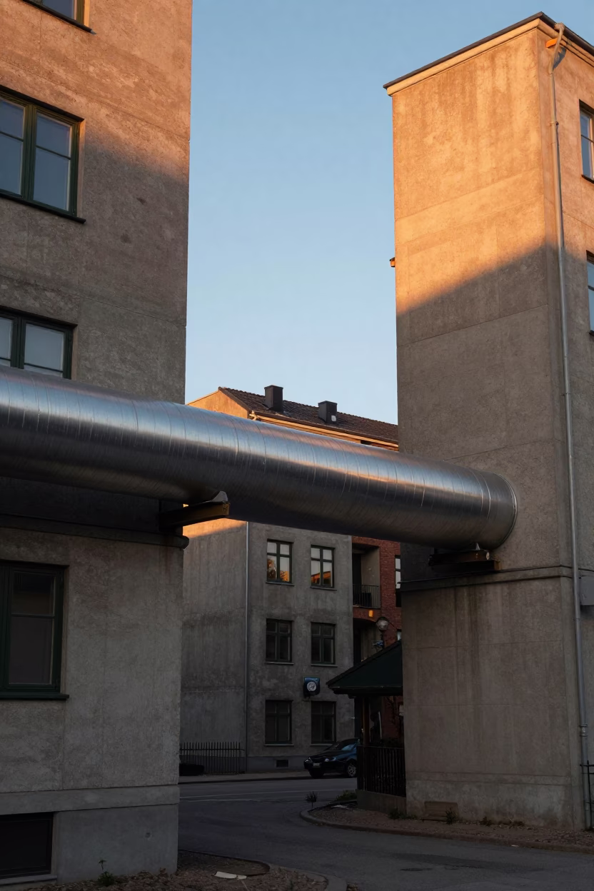 Copenhagen Evening District Heating Pipe Between Concrete Apartment Blocks in in Copenhagen, Denmark