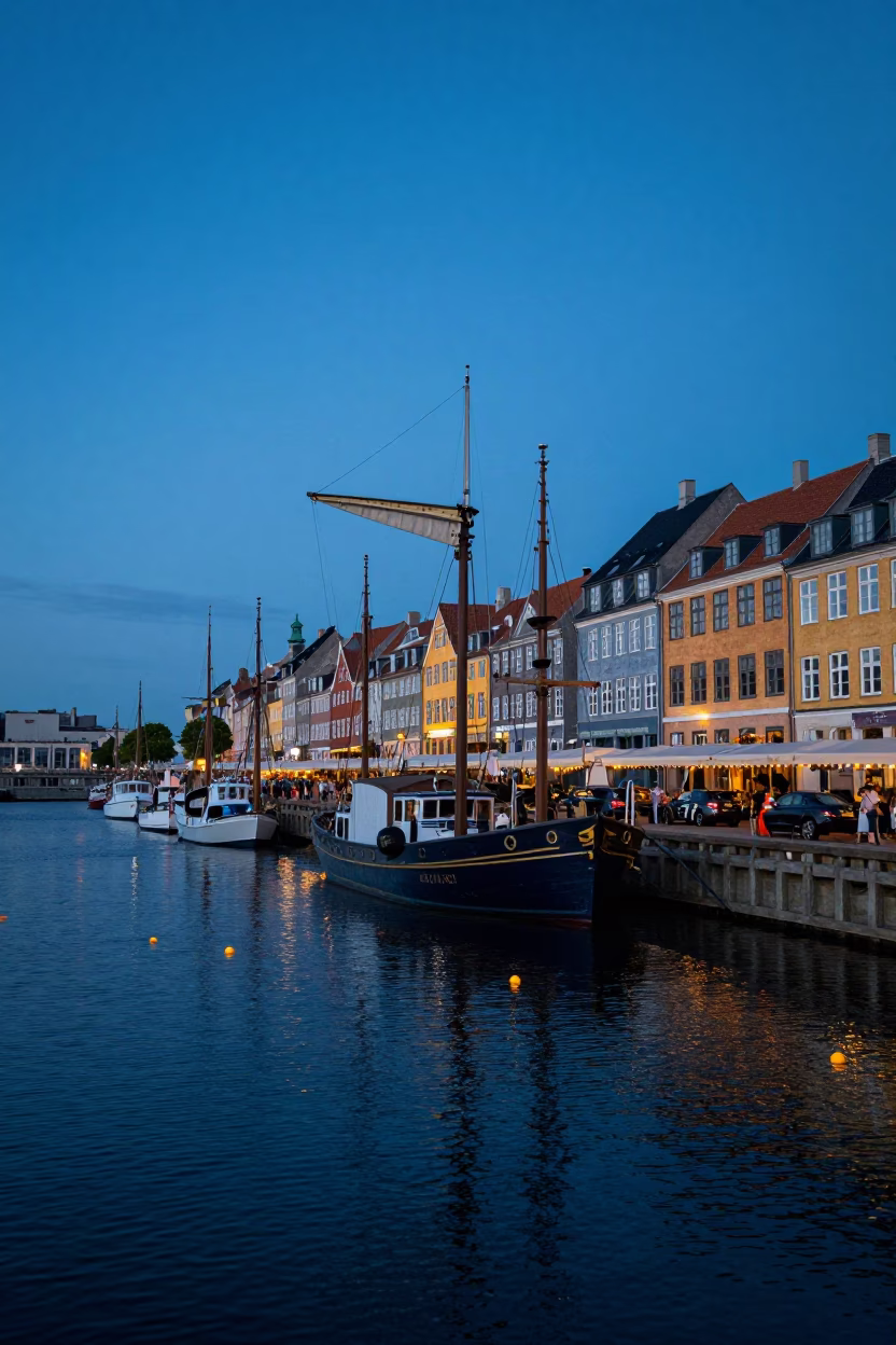 Copenhagen evening harbor scene with vintage car rally and local activity in in Copenhagen, Denmark
