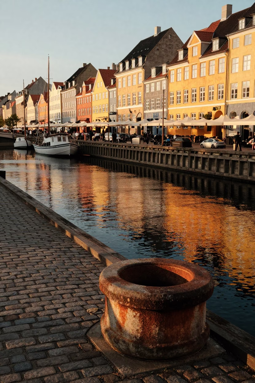 Copenhagen Evening Light Captures Rusty Basin and Canal Walkway Scene in in Copenhagen, Denmark