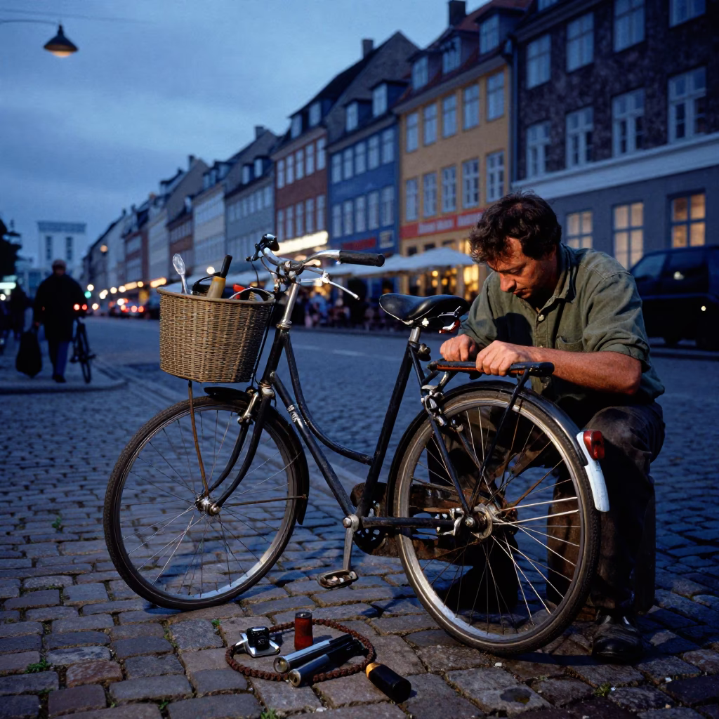 Copenhagen Evening Street Scene with Bicycle Repair Tools and Local Life in in Copenhagen, Denmark