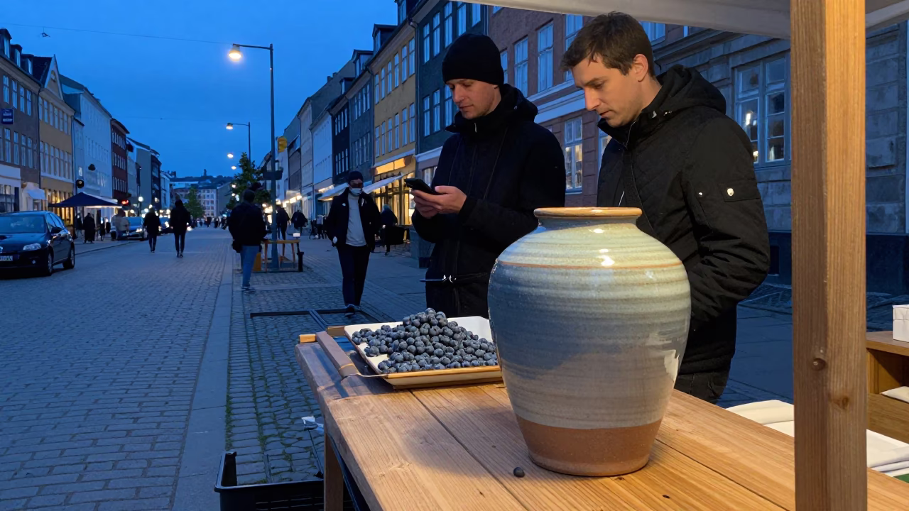 Copenhagen Evening Street Scene with Blueberries and Ceramic Jar Under Twilight in in Copenhagen, Denmark