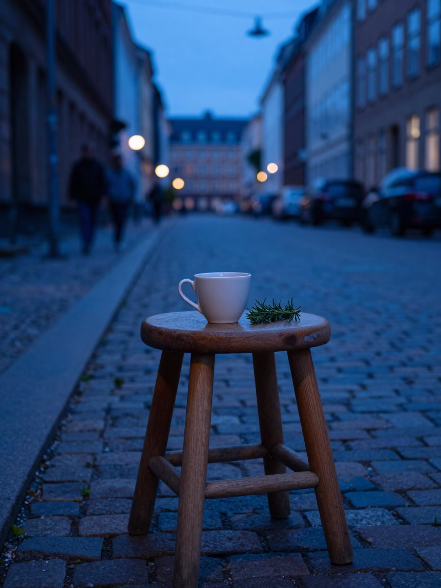 Copenhagen Evening Street Scene with Ceramic Cup and Rosemary Sprigs on Wooden Stool in in Copenhagen, Denmark