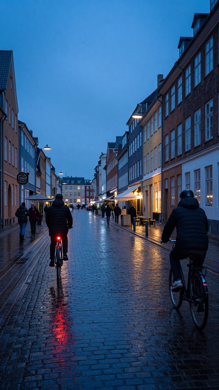 Copenhagen Evening Street Scene with Cobblestones and Bicycle Lights in Blue Hour Light in in Copenhagen, Denmark