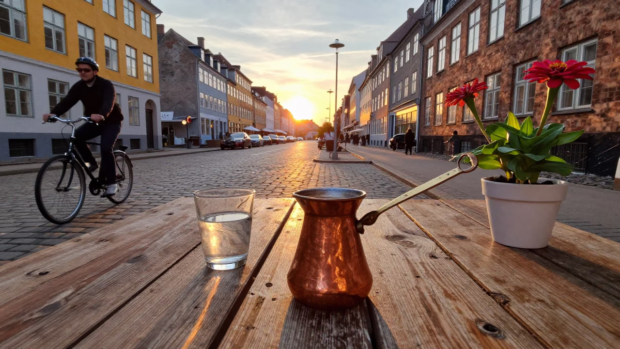 Copenhagen Evening Street Scene with Copper Cezve and Zinnias at Sunset in in Copenhagen, Denmark