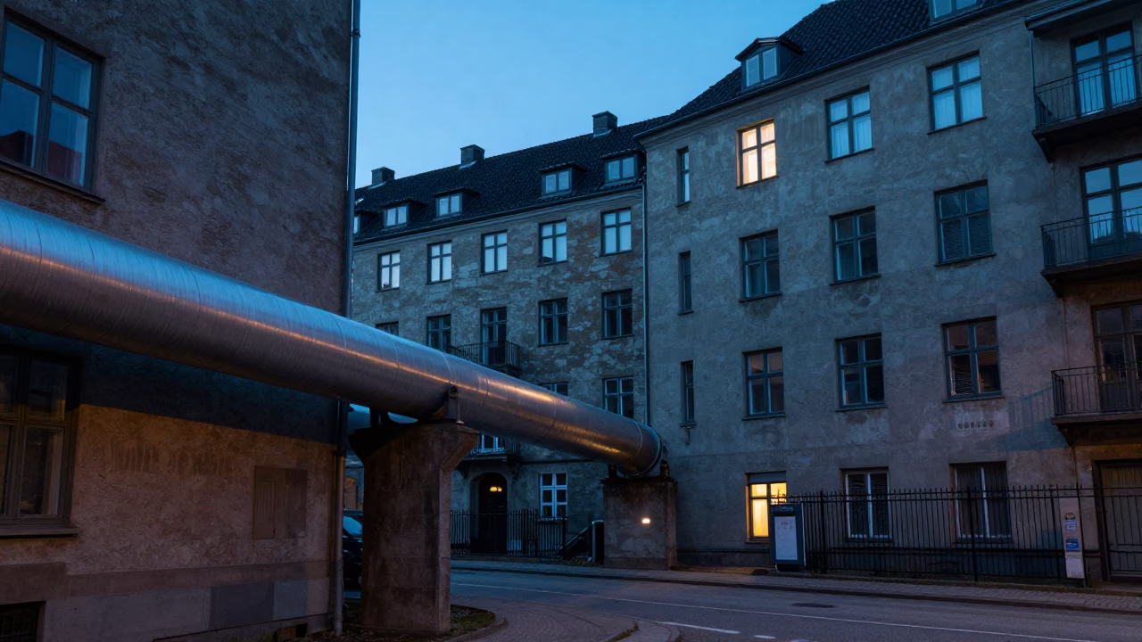Copenhagen Evening Street Scene with District Heating Pipes and Concrete Architecture in in Copenhagen, Denmark