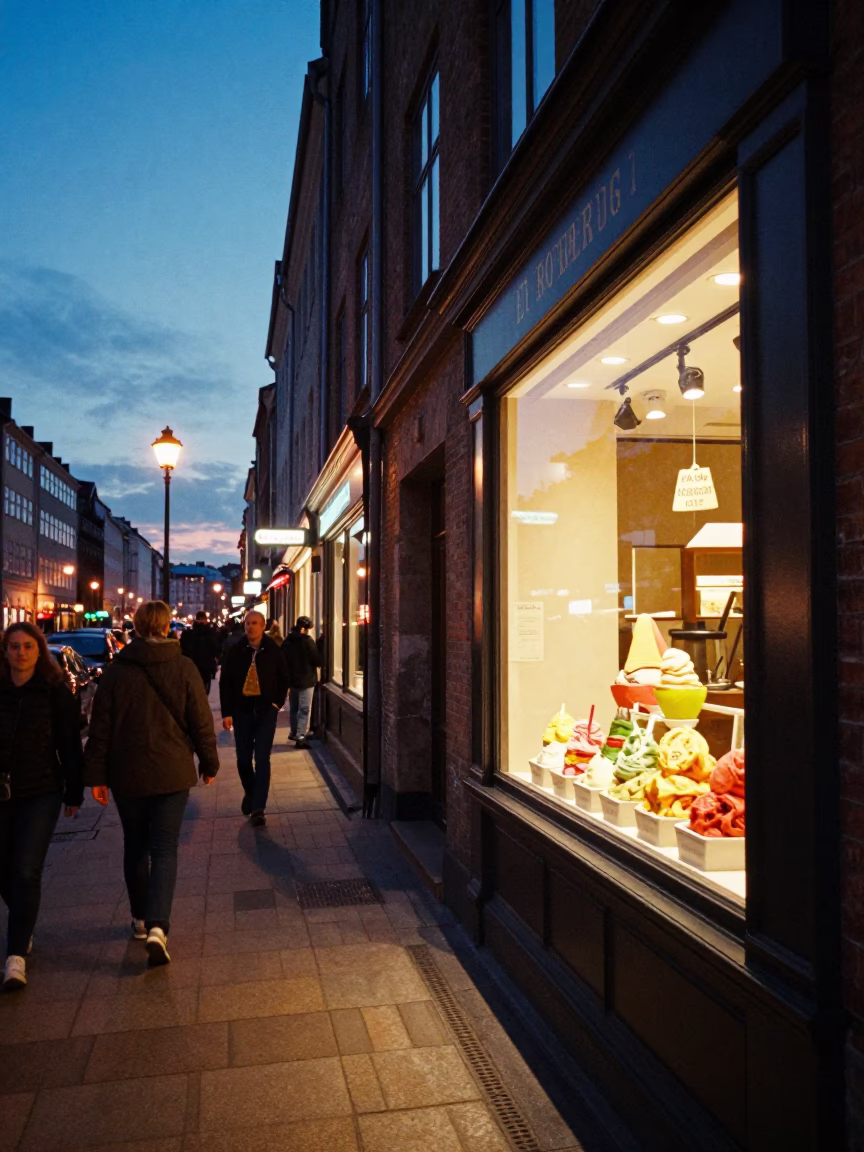 Copenhagen Evening Street Scene with Gelato Shop Window and City Lights in in Copenhagen, Denmark