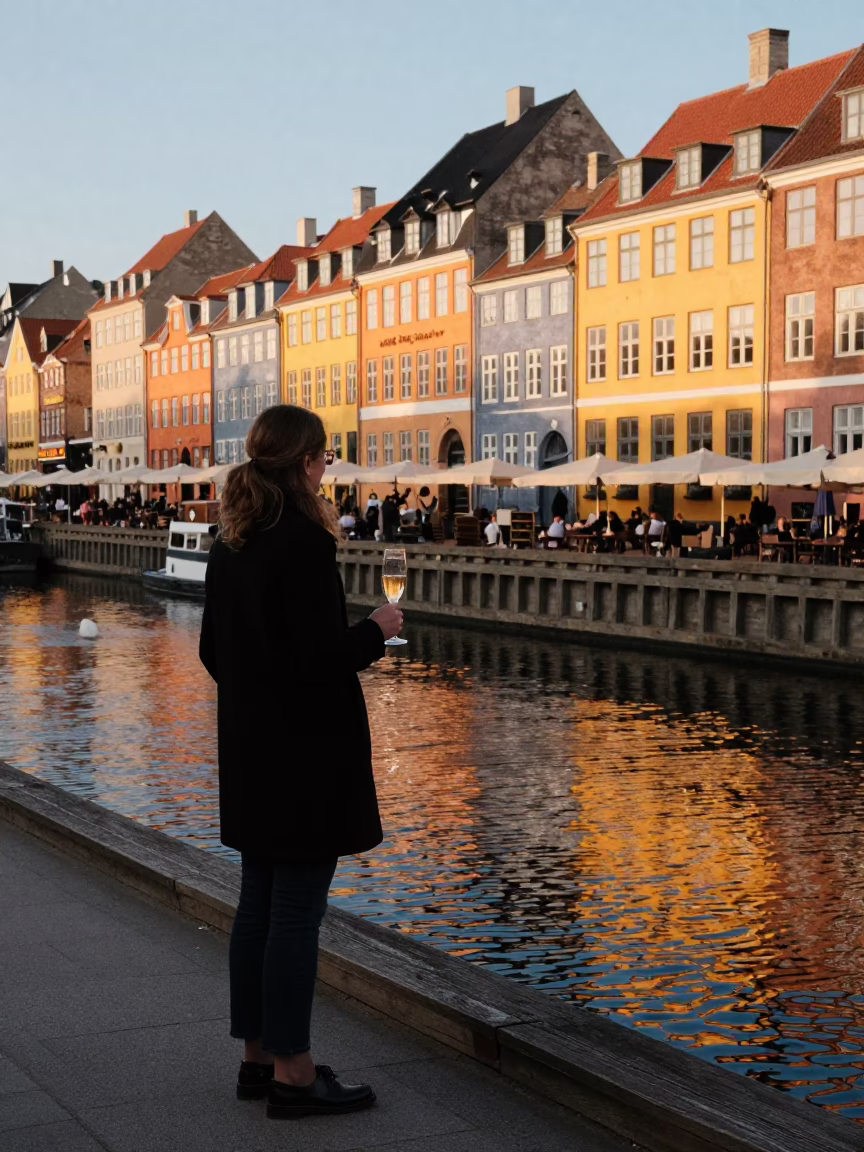 Copenhagen Evening Street Scene with Glass of Champagne and Bridge Piers in in Copenhagen, Denmark