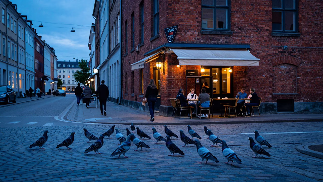 Copenhagen Evening Street Scene with Pigeons and Red Brick Architecture in in Copenhagen, Denmark