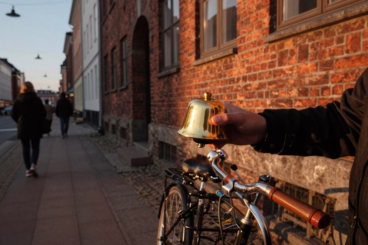 Copenhagen Evening Street Scene with Polished Brass and Larch Trees in in Copenhagen, Denmark