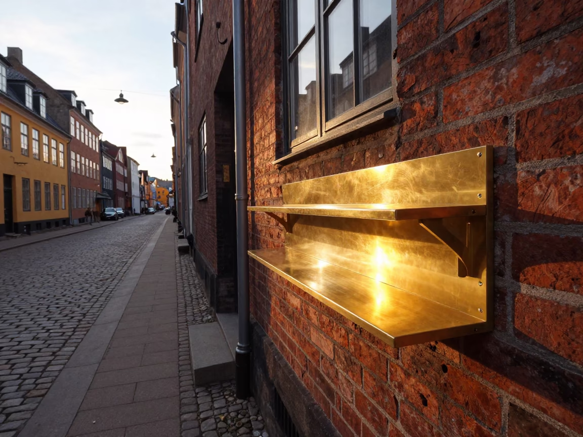Copenhagen Evening Street Scene with Polished Brass Shelf and Window Light on Bench Slat in in Copenhagen, Denmark