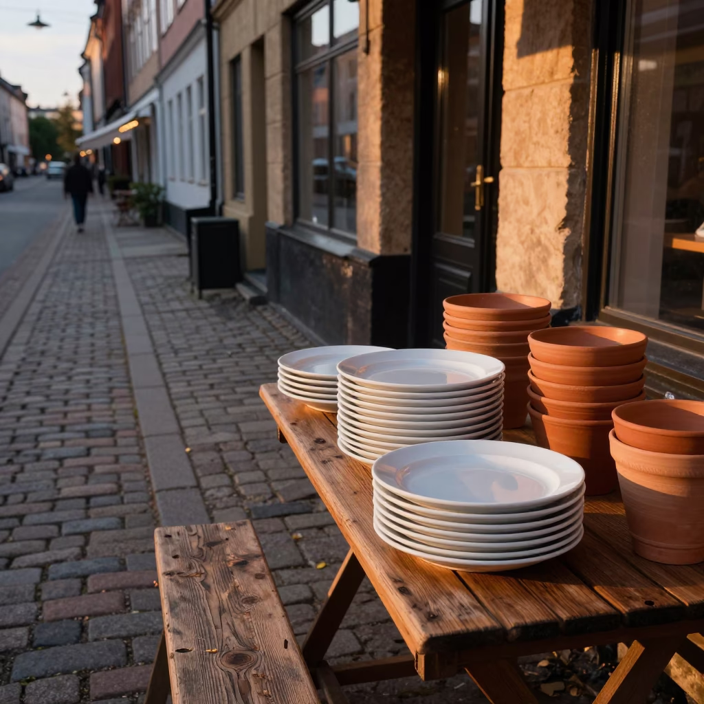 Copenhagen Evening Street Scene with Stacked Plates and Terracotta Pot in in Copenhagen, Denmark