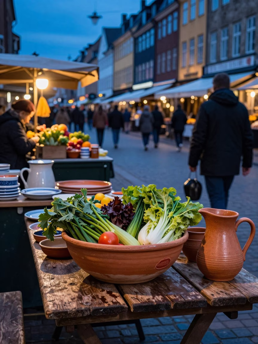 Copenhagen Evening Street Scene with Terracotta Bowl and Pitcher in Blue Light in in Copenhagen, Denmark