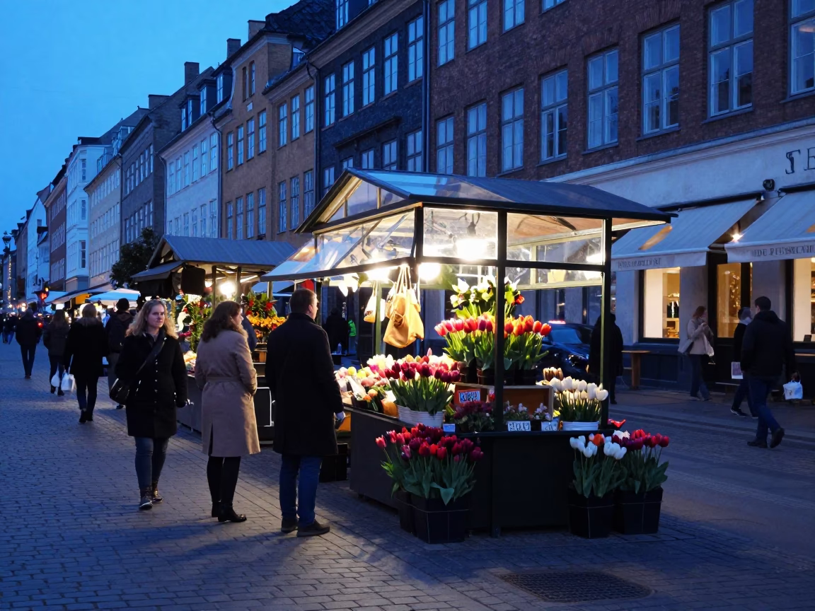 Copenhagen Evening Street Scene with Tulip Stalls and Glass Skyscraper Reflections in in Copenhagen, Denmark