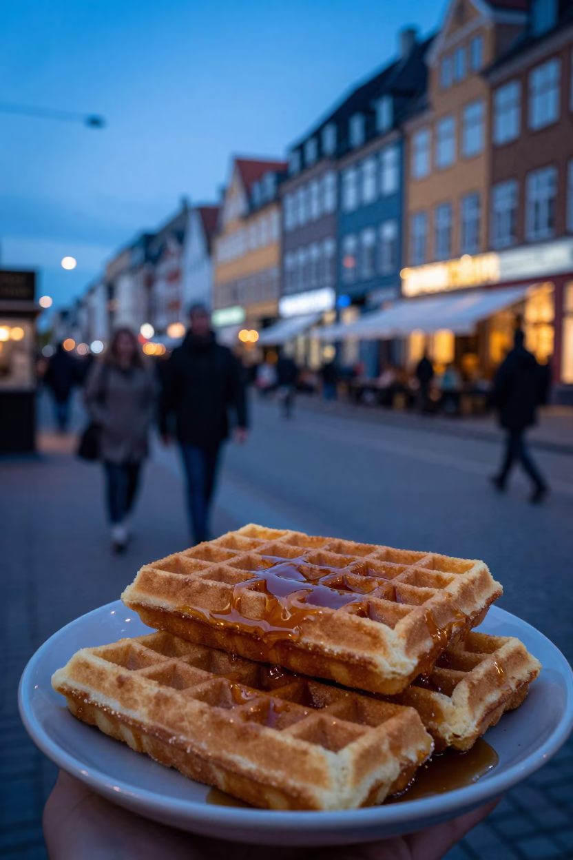 Copenhagen Evening Street Scene with Warm Stroopwafels and Blue Light in in Copenhagen, Denmark