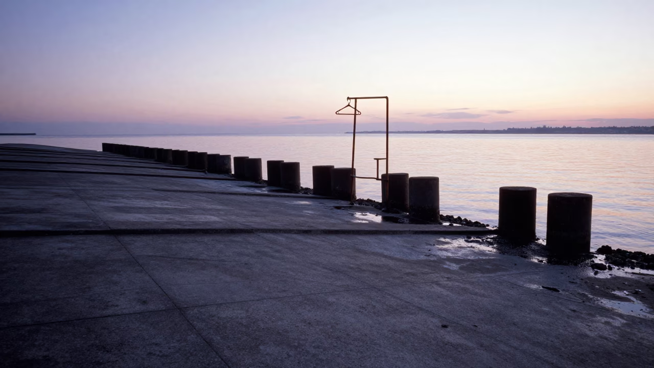 Copenhagen Ferry Ramp Low Tide Sunrise Concrete Piling System Realistic Street Scene in in Copenhagen, Denmark